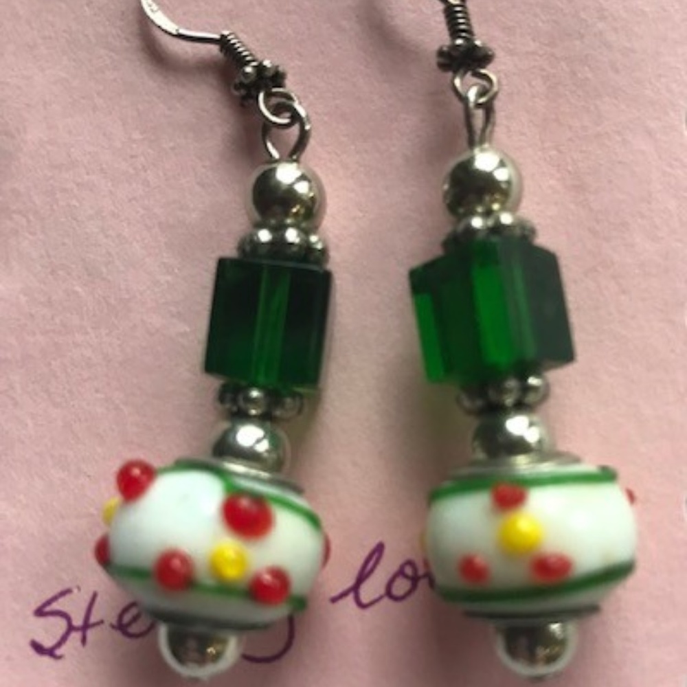lampwork beads with green glass block earrings